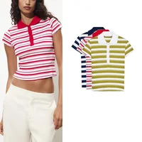 Summer New Women's  irt ort Sve Turn-down Collar Striped Ribbed Knit Button Decoration Slim Fit Classic Sle Casu...