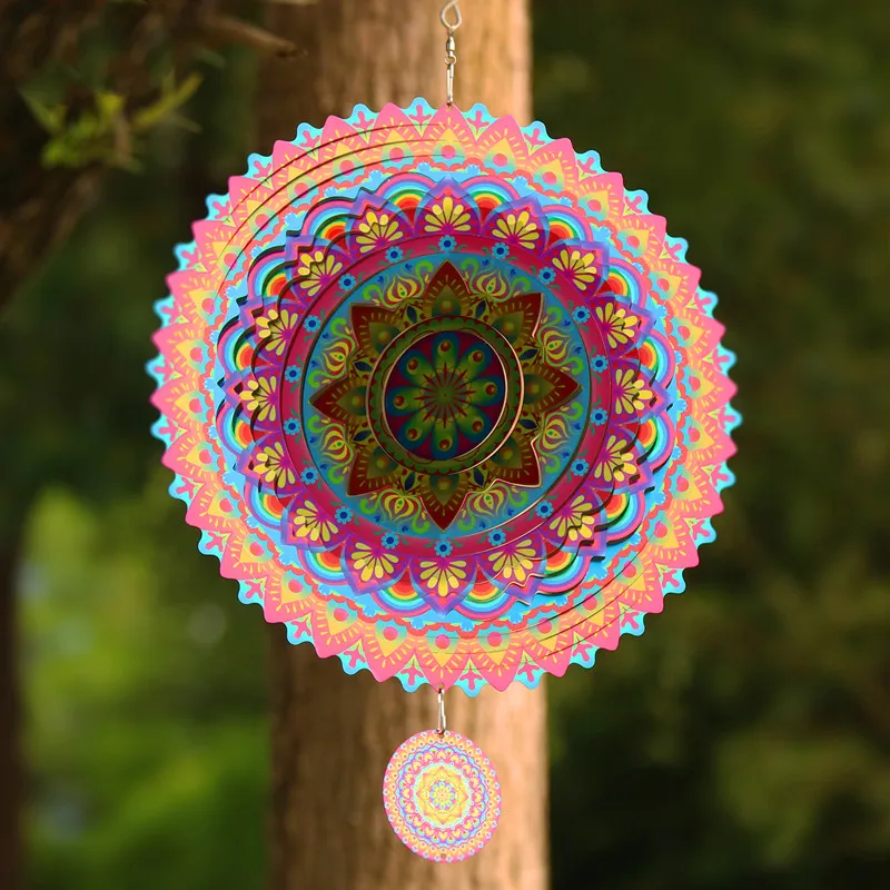 Wind Spinner Mandala Hanging Decor for Outdoor Yard and Garden Kinetic Sculpture Metal 3d Flower Chime Ramadan Patio Ornaments 5