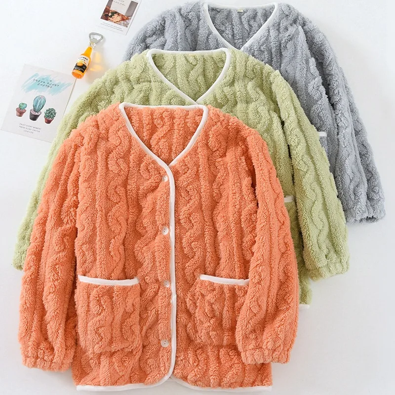 

Women's Coral Fleece Thickened Home Wear Clothes New Autumn Winter One Piece Pajamas V-Neck Cardigans Warm Flannel Sleep Top