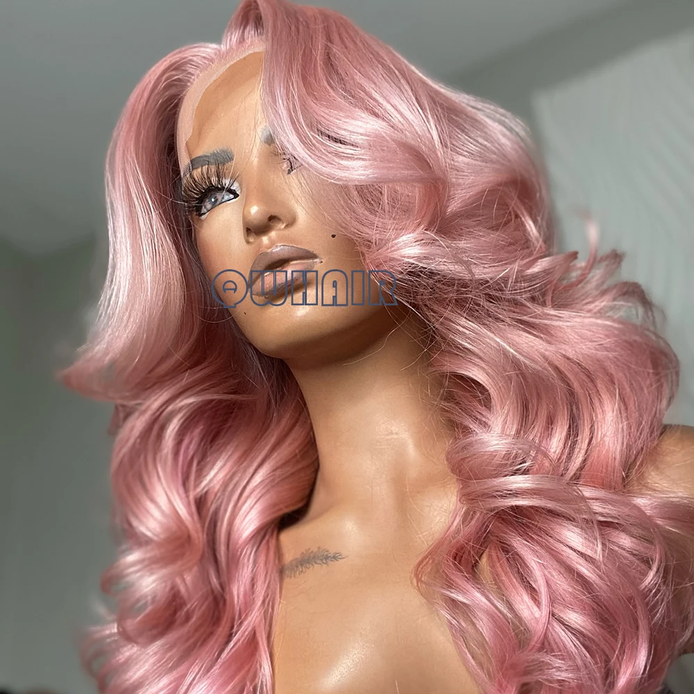 QW Onda Sciolta Parrucche Anteriori Del Merletto Sintetico per Le Donne Capelli Rosa 13X4 Parrucche Frontali Del Merletto Cosplay Glueless Fibra Resistente Al Calore - immagine 2