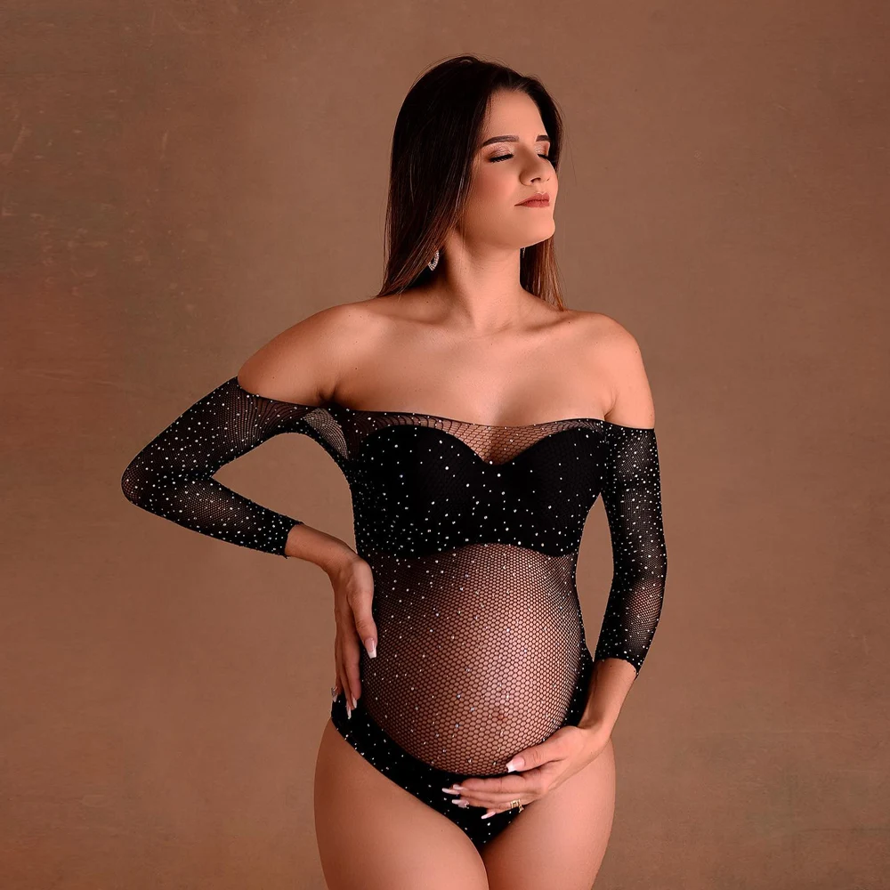 Maternity Photography Props Sexy Goddess Shiny Small Rhinestone High Elastic Bodysuit Pregnant Photographer Shoot Prop Accessori