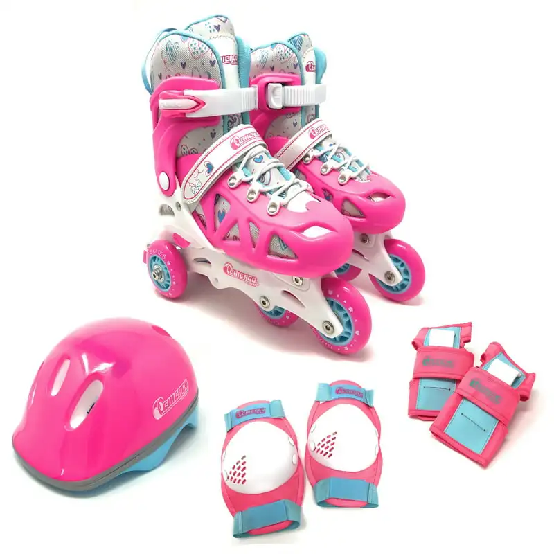 

Adjustable Inline Training Skate Combo Set Pink/White/Teal, Includes Skates, Helmet, Knee pads, Wrist guards and Carryall backpa