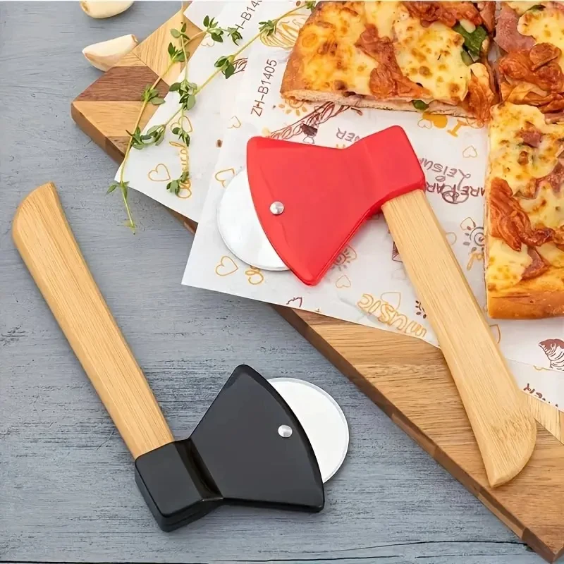 1pc Stainless Steel Roller Pizza Cutting Creative Wooden Handle Axe Knife Circular Middle Handle, pizza cutter,roller cutter,pizza knife,pizza roller