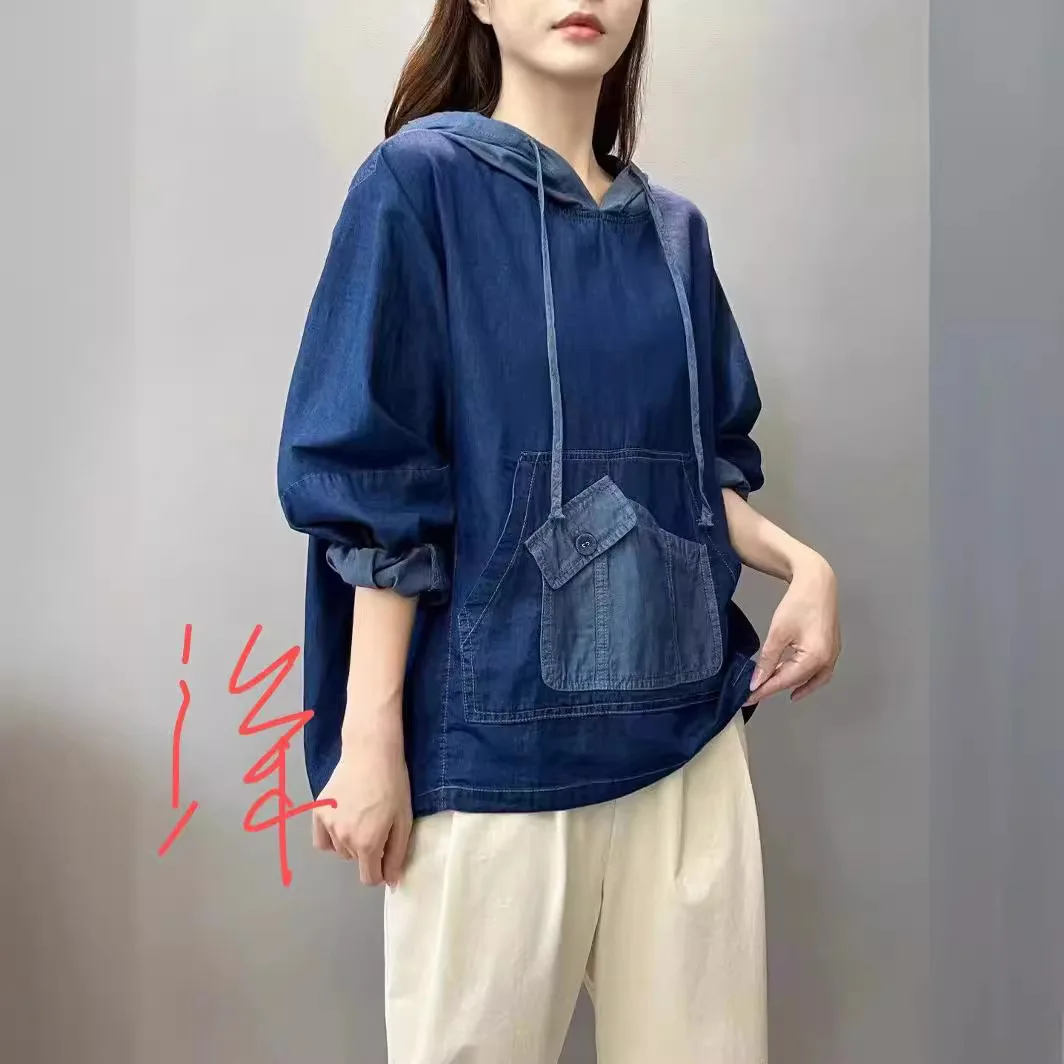 New Spring Oversized Fashion Denim Hoodies Womens Vintage Hooded Classic Loose Sweatshirts Ladies Harajuku Casual Korean Clothes