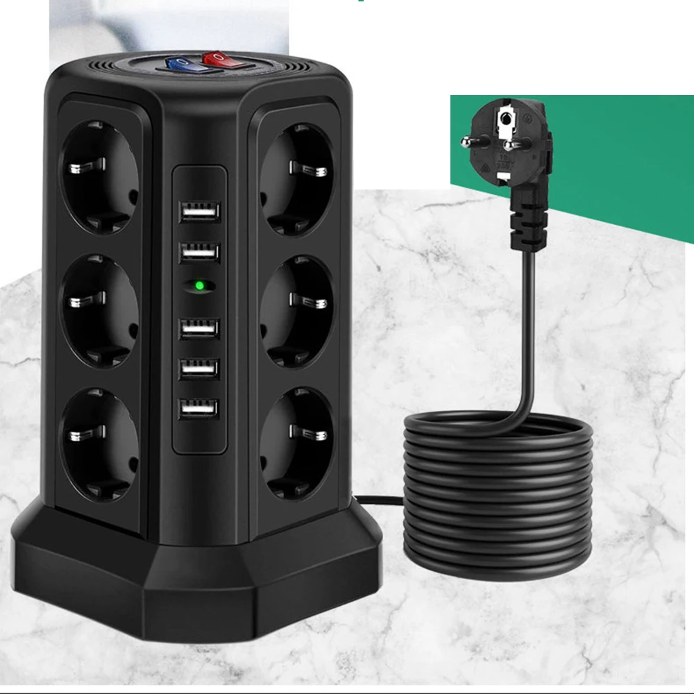 Tira de Energia Soquetes com Proteção de Circuito Protetor contra Surtos Torre Múltipla Vertical Plug 12 Vias Tomadas Usb 1.8m Extensão ue - Image 4