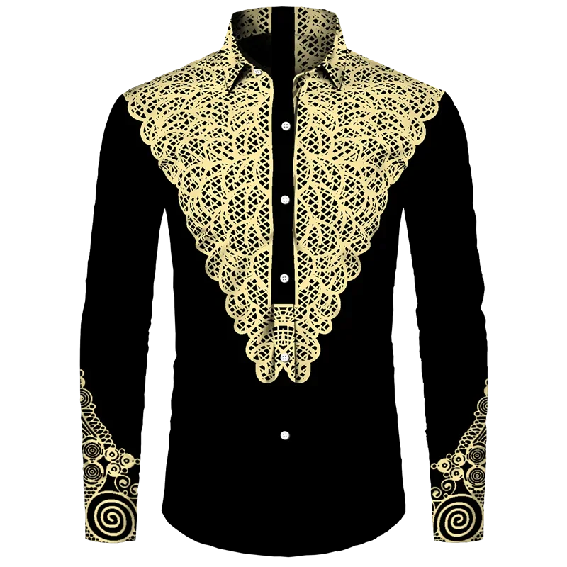 thumbnail image 1 of Camisas con cuello vuelto y botones con estampado dashiki africano para hombre, blusas casuales de manga larga, ropa de calle de estilo étnico, camisa, 1 of 4
