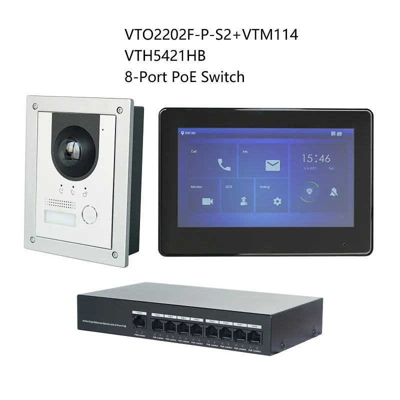 apartment intercom system DH Multi-Language IP Video Intercom KIT,include VTO2202F-P-S2 / VTO2201F-P & VTH5421HW / VTH5421HB & PoE switch , SIP firmware video entry system Door Intercom Systems