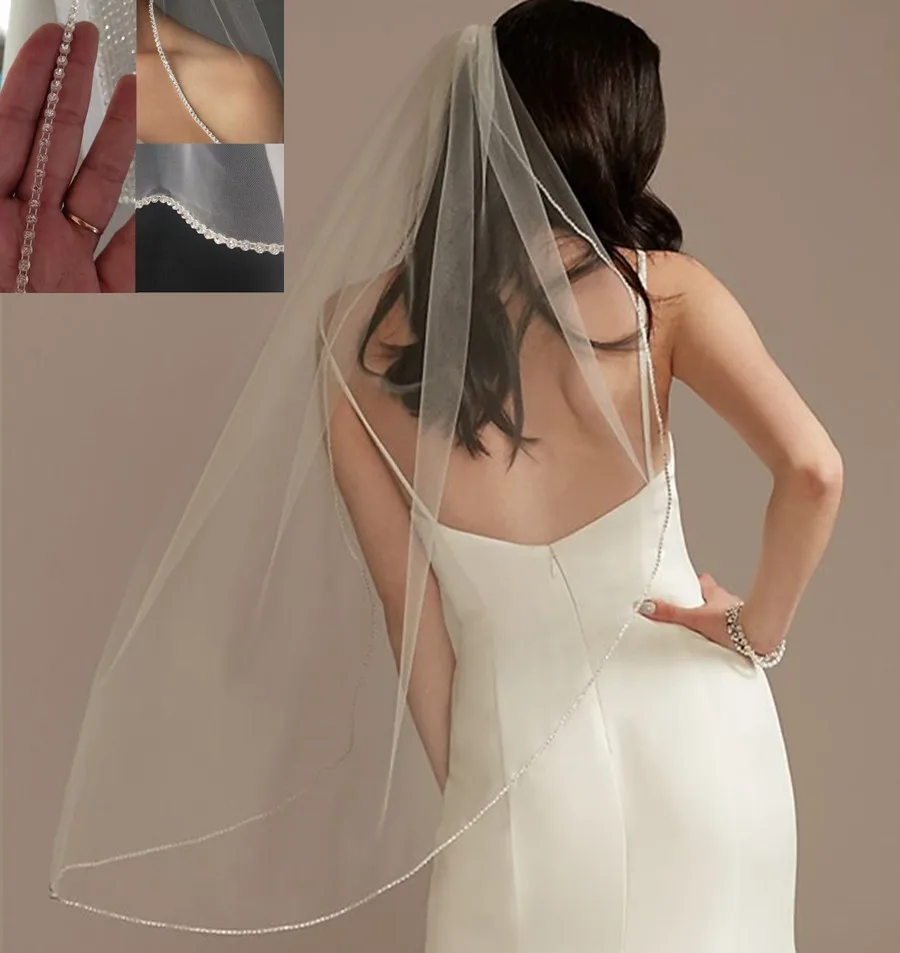 

Short White Ivory Bridal Veil Beaded Edge Simple Wedding Veils with Comb 1 2 Tiers Rhinestone Trim velo de novia Accessory