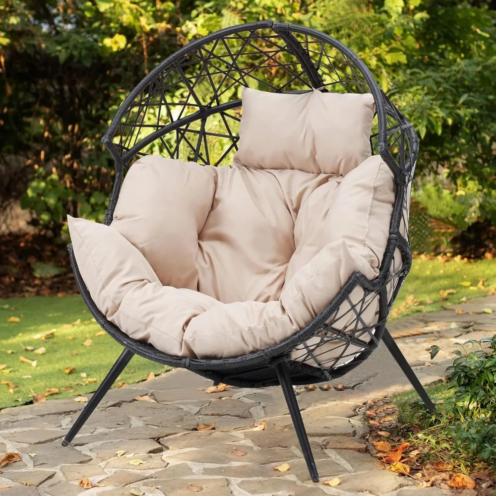 Egg Chair - Outdoor Patio Egg Chair Indoor Wicker Egg Lounger Chair with Cushion and Stand for Living Room Patio Backyard (Beige 4