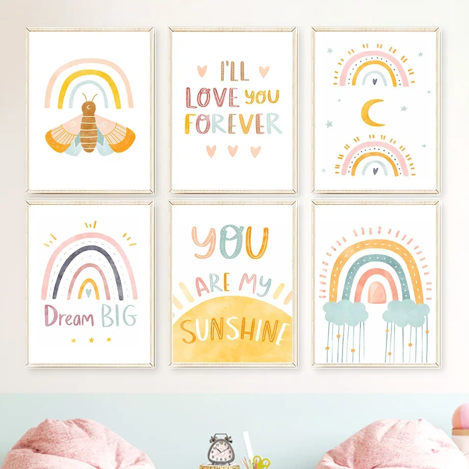 

Cartoon Butterfly Rainbow Cloud Quote Nursery Wall Art Nordic Posters And Prints Canvas Painting Pictures Baby Kids Room Decor