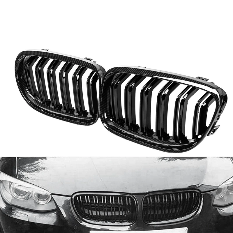 

Car Carbon Fiber Glossy Black Double Slat Front Kidney Grille Grill For-BMW E90 E91 LCI 3 Series 2009-2011