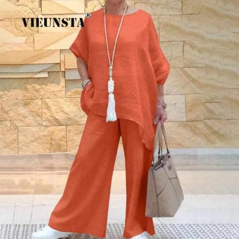 

Women Fashion O-Neck Loose Top and Wide-Leg Pants Suits Casual Street Solid Cotton Linen Suit Summer Vintage New Office Outfit