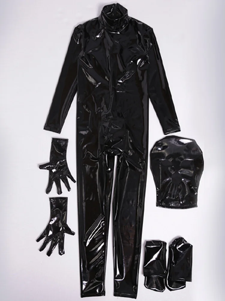 Sexy Men Oil Shiny Full Body Cover Bodysuit PU Faux Leather U Convex Pouch Jumpsuit Sexy Tight Gay Wear Plus Size With Glove