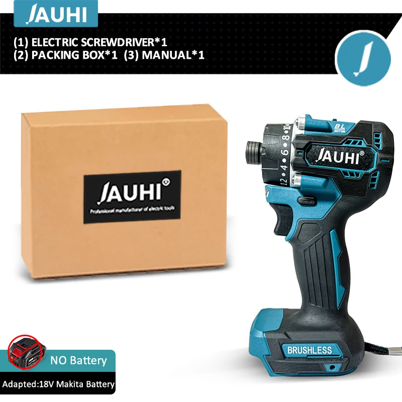 thumbnail image 1 of JAUHI 20 + 1 couple 280N.m tournevis électrique sans brosse Rechargeable sans fil perceuse électrique visseuse pour batterie Makita 18v, 1 of 5