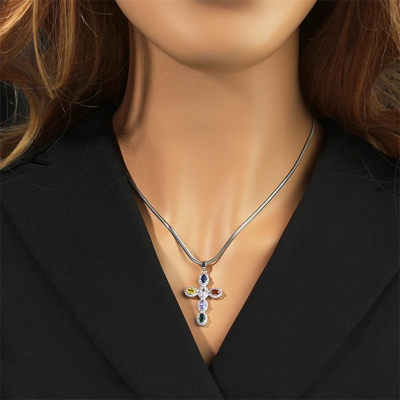 Oidea Collana Donna Con Doppia Croce E Zirconi – Acciaio Inossidabile, Gioiello Religioso E Regalo