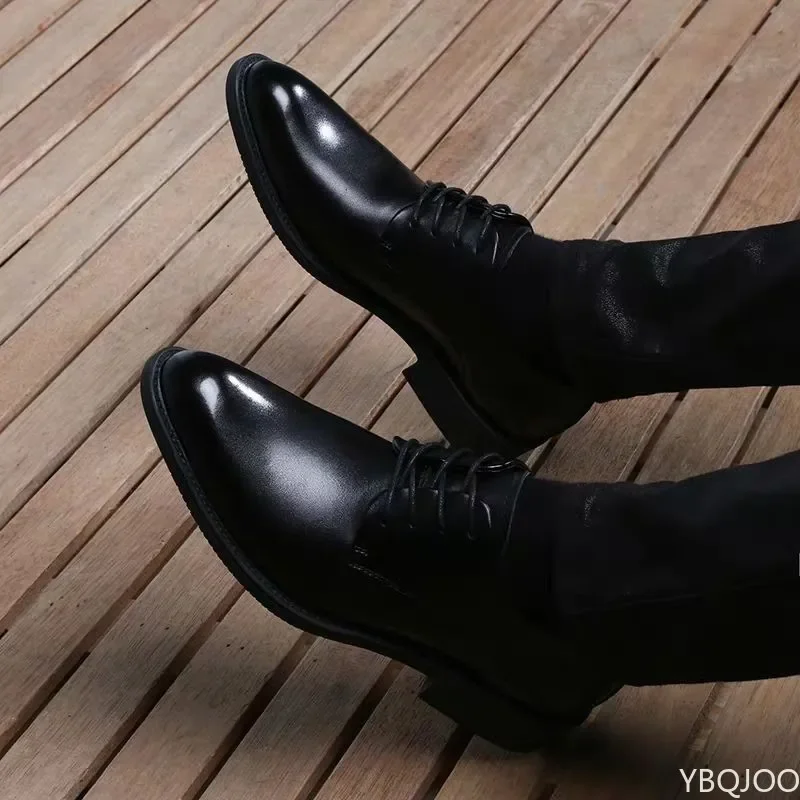 Breathable Lace Up Groom Wedding Shoes Men's Leather Shoe British Business Dress Pointe Toe Heigh Increasing Insole Non-Slip man
