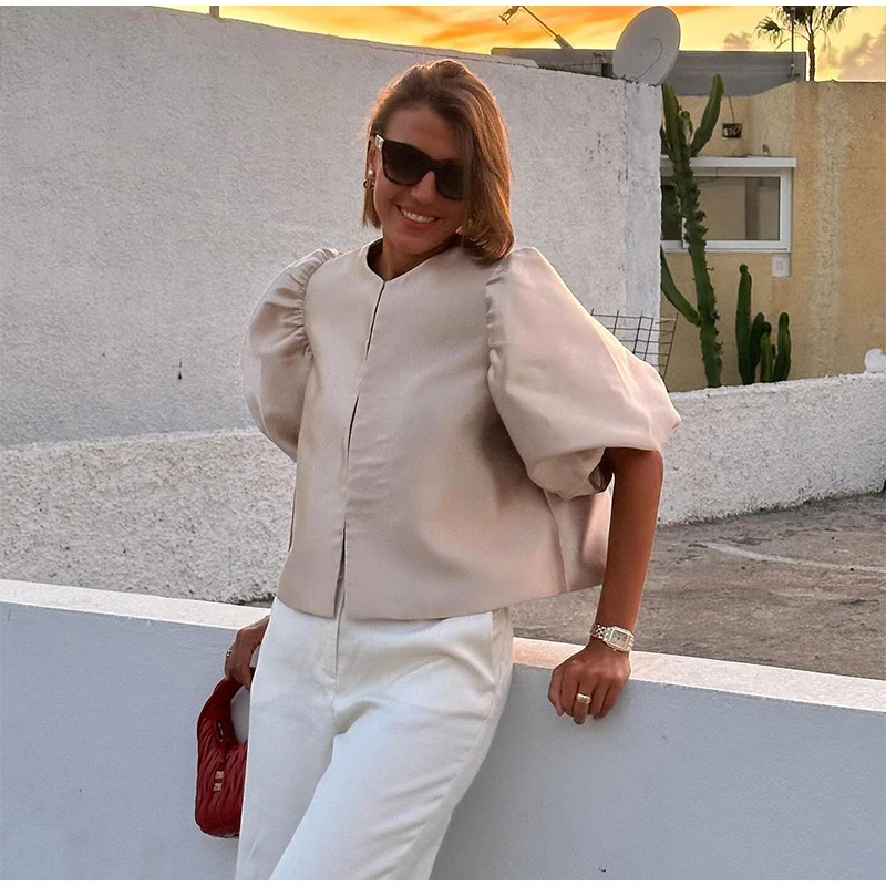 Blusas elegantes con mangas abullonadas y cuello redondo para mujer, estilo vintage, holgadas y lisas, con una sola botonadura, para verano