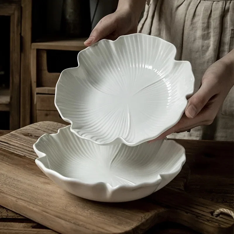 Nordic Kitchen Ceramic Dinner Plates White Embossed Flowers 8-inch Salad Plates Food Soup Pasta Dinners Dishes Bowl Tableware