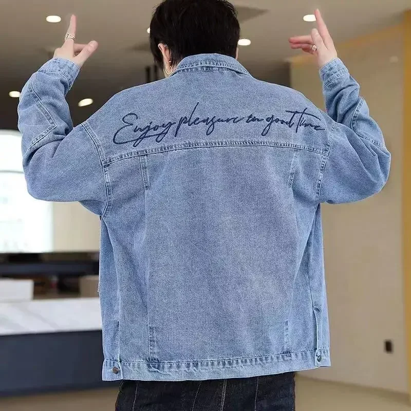 thumbnail image 1 of Abrigo vaquero para hombre con bordado, chaqueta vaquera para hombre, con agujeros azules rotos, talla L, holgado, lavado, elegante, caliente, Y2k, bajo coste, desgastado, 1 of 4