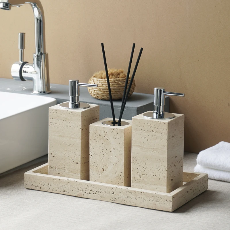 Beige Travertine Bathroom Accessories Set Natural Marble Soap Dispenser Soap Dish Reed Diffuser Vanity Tray
