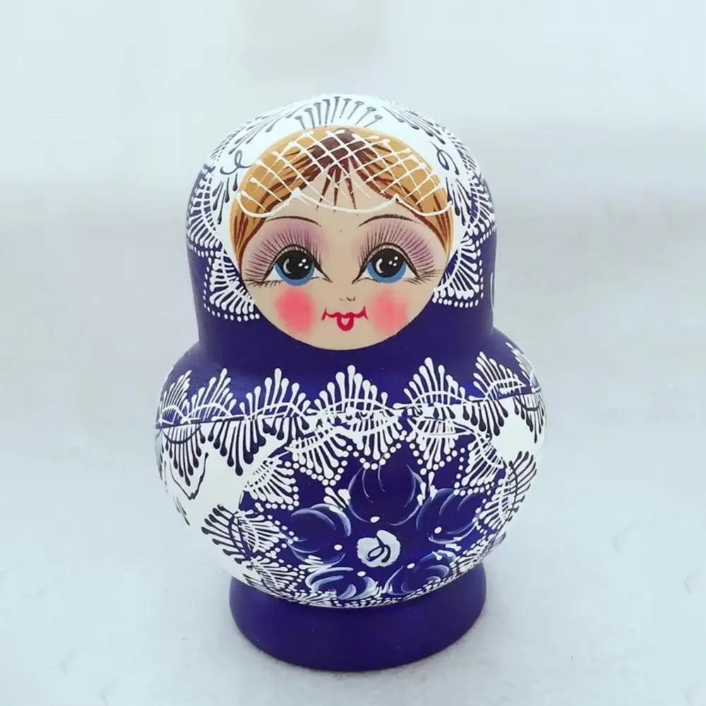 10Pcs/Set Wood Russian Nesting Dolls 10 Layer Handmade Matryoshka Wooden Doll Toys Cartoon Blue Floral Print Stacking Dolls