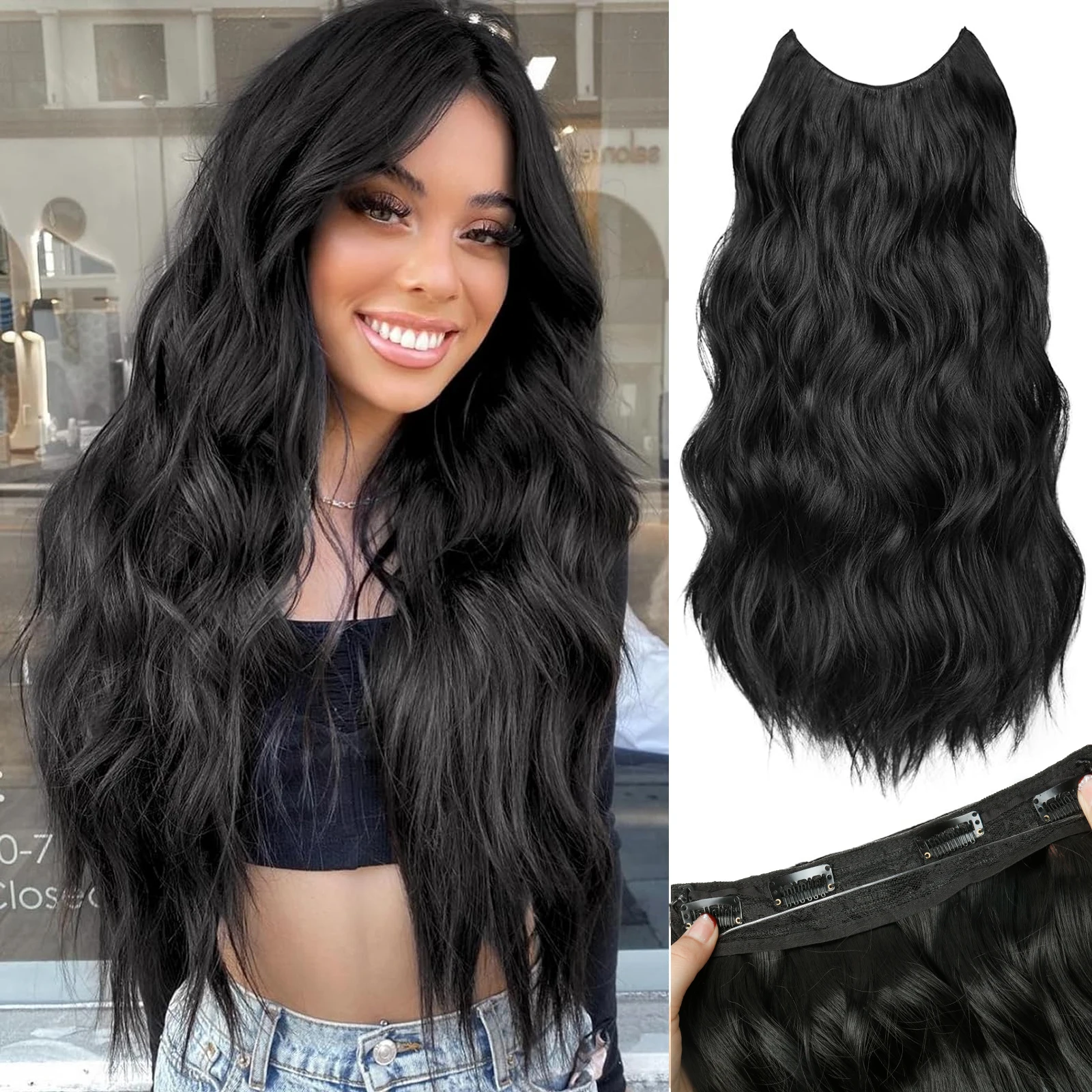 Black Star synthetic curly clip in hair extension human hair  can be permed high temperature fiber black 120g/pack for women