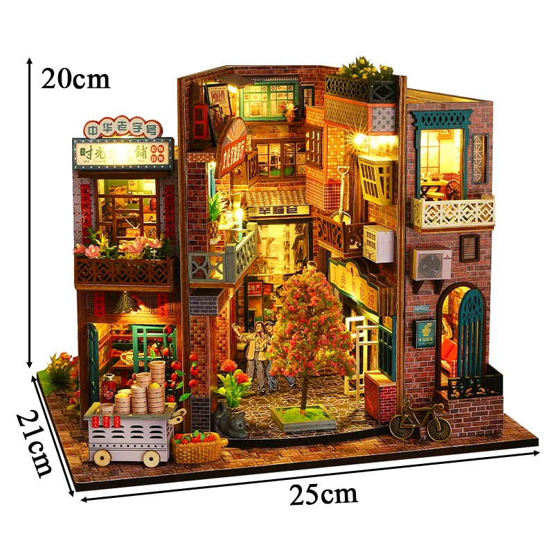 DIY Wooden Book Nook Shelf Insert Kit Chinese Street View Bookends Miniature Building Kits Bookshelf Doll Houses Friends Gifts 5