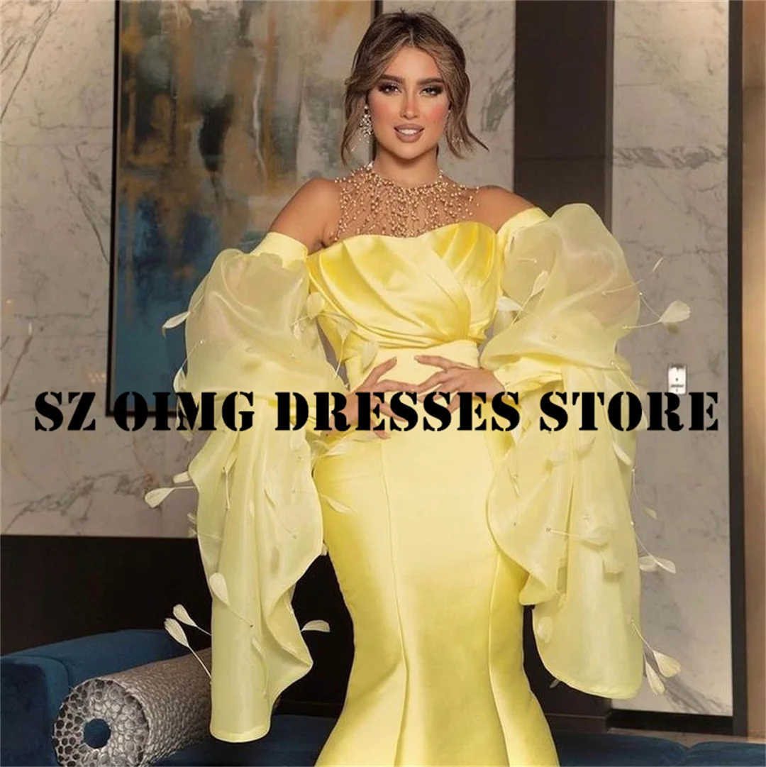 

OIMG New Design High Neck A-Line Prom Dresses Arabic Women Ruched Cape Sleeves Yellow Feathers Evening Gowns Formal Party Dress