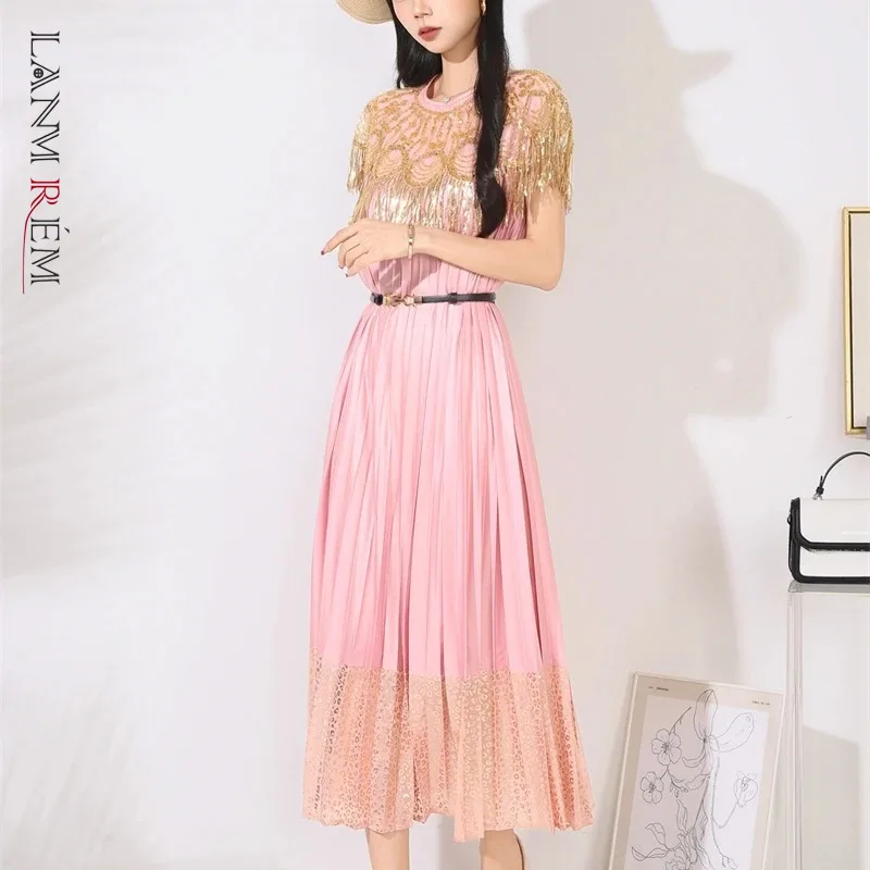 LANMREM High Quality Embroidery Beaded Round Neck Pleated Women's Dress Short Sleeve Tassel Gold Foil Printing Famale Clothing