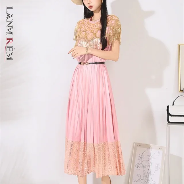 LANMREM High Quality Embroidery Beaded Round Neck Pleated Women's Dress Short Sleeve Tassel Gold Foil Printing Famale Clothing