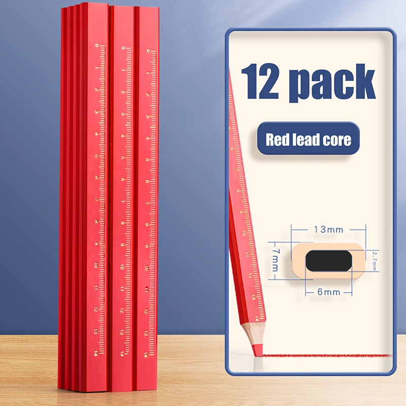 Woodworking Thick Core Pencils with Scale - 12-Pack in Black/Red