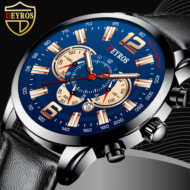 

Popular Korean Version Calendar Men's Watch Fashion Fake Three-eye Luminous Men's Leather Quartz WatchReloj Hombre Marca De Lujo