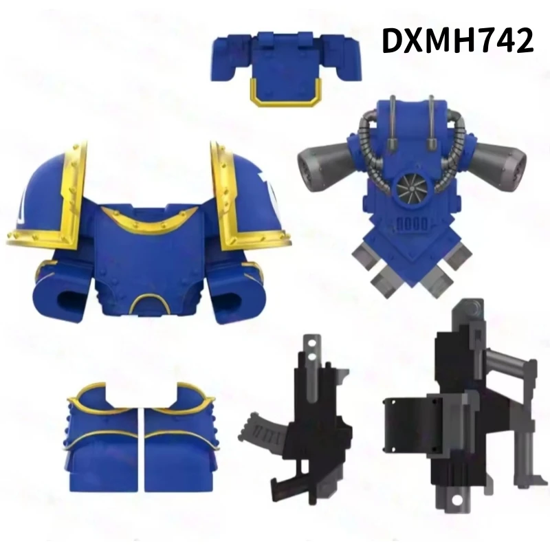 DXMH3001 갑옷 액세서리 세트, 8개의 SF 전술 장비(제트팩, 도끼, 총, 불꽃 효과 포함) 빌딩 블록 피규어용