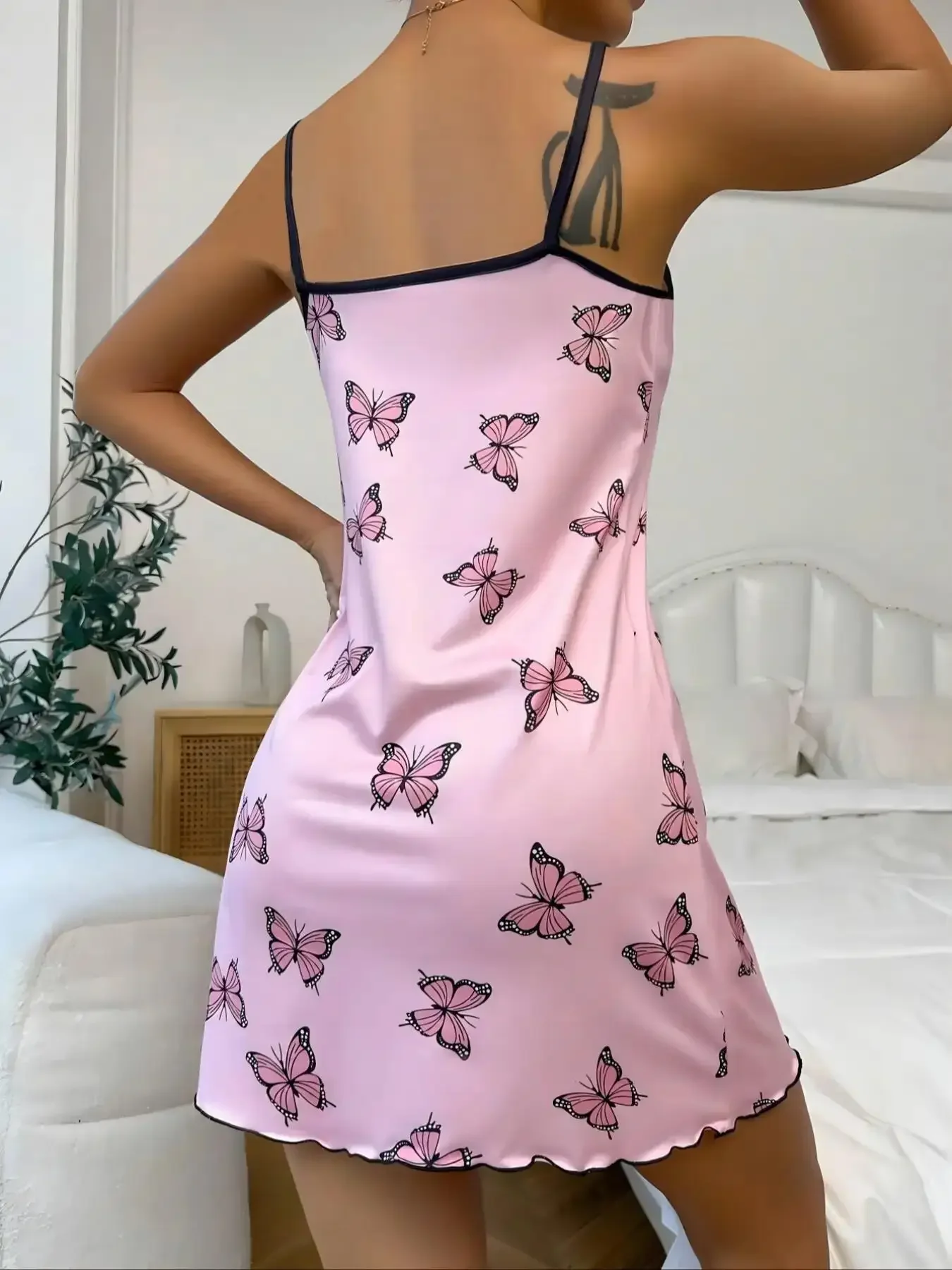 Pink Butterfly Printed Sleepwear Women Sexy Lingerie Nightdress Round Neck Sleep Dress Split Thigh Nighties Nightgown Loungwear women lingerie,women nightgowns,women nightdresses,sleeping dress