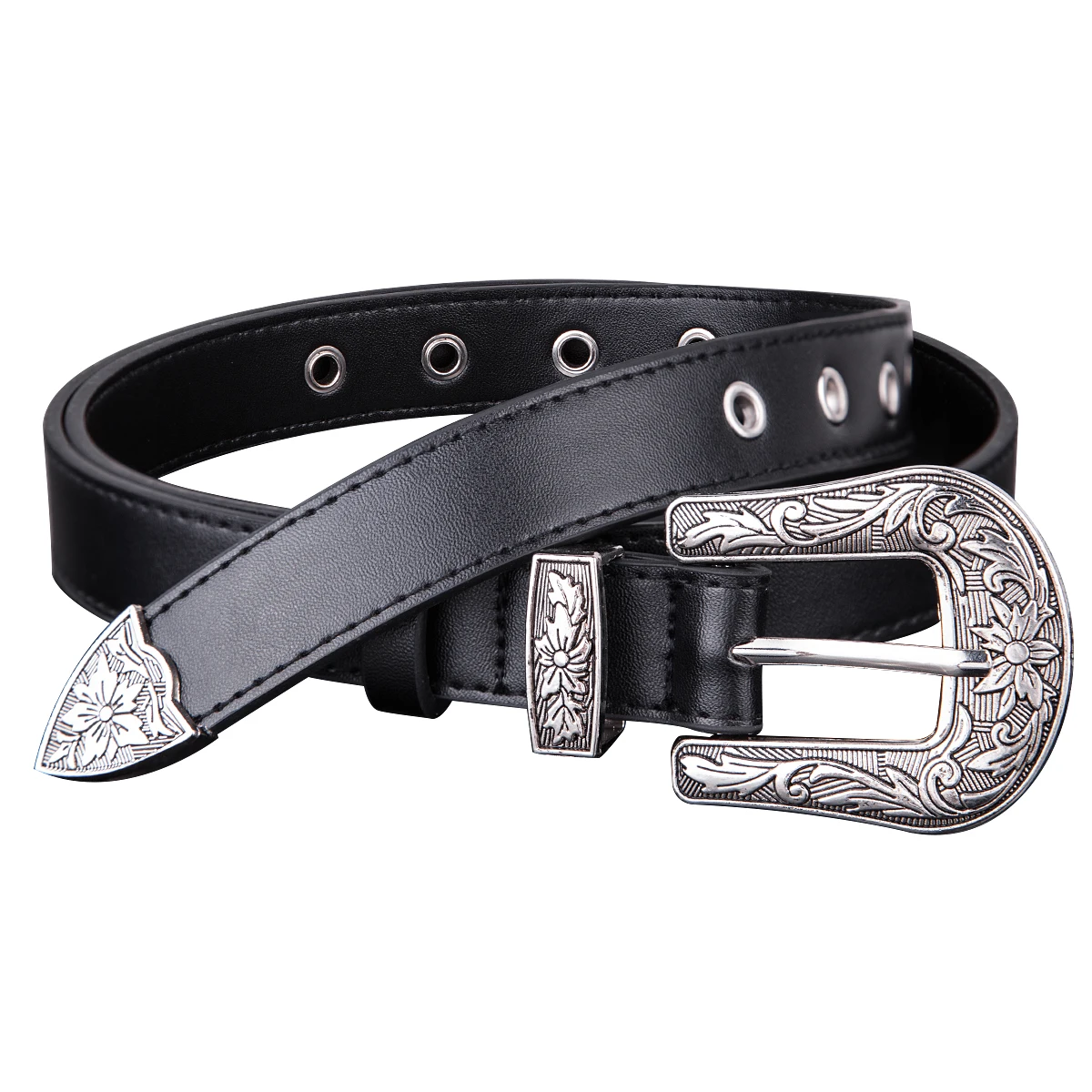 Chic Punk Women Belt PU Leather Double Pin Buckle Wind Jeans Female Black Grommet Belts Retro Long Waistband For Pants Unisex
