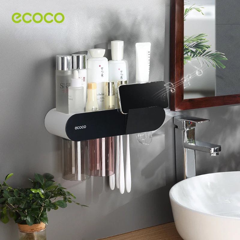Toothbrush Holder Toothpaste Dispenser ECOCO Magnetic Adsorption Inverted Toothbrush Holder Automatic Toothpaste Squeezer Dispenser Storage Rack Bathroom Accessories