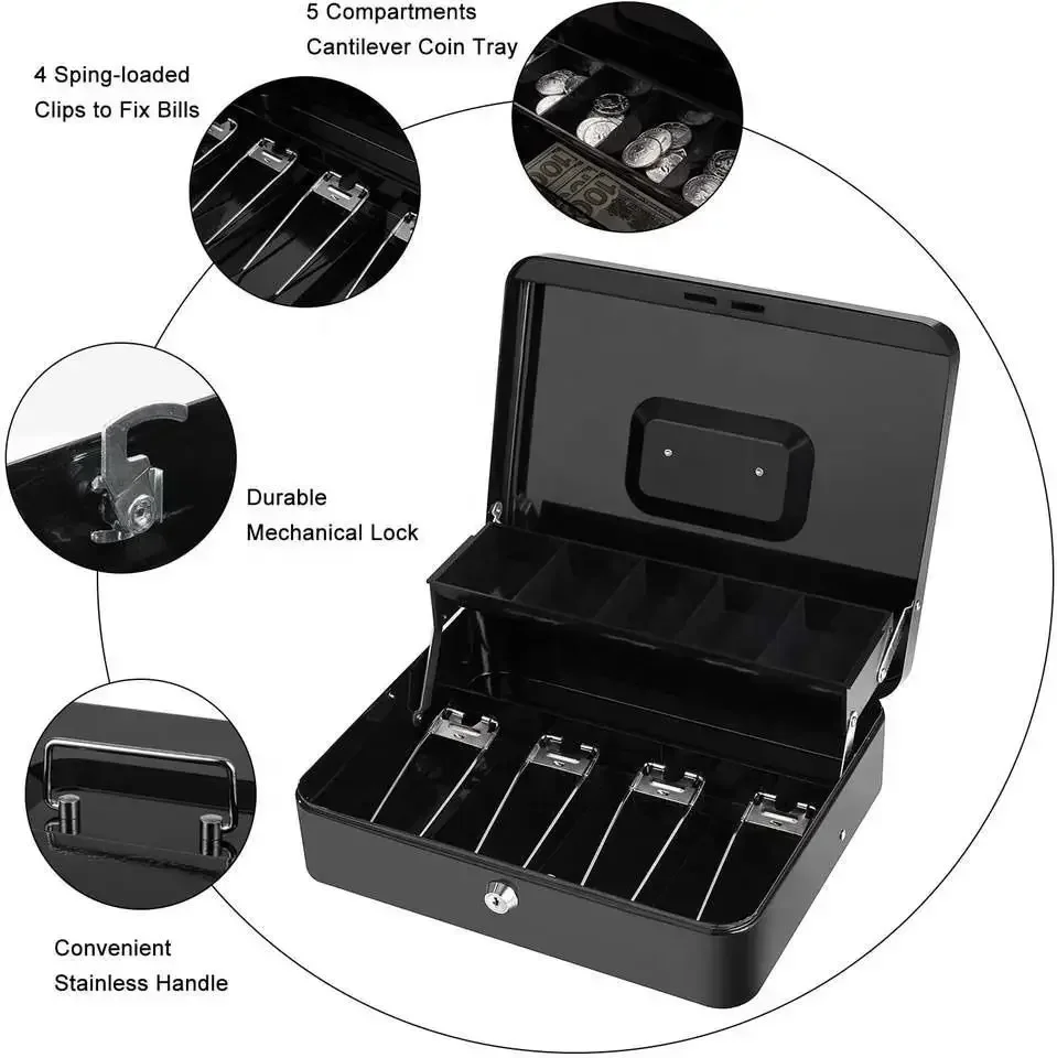 Password Cash Box with Money Tray and Key Lock Register Box Checkstand Cashier Case 4 Bill/5 Coin Slots Safety Coin Box Business 3