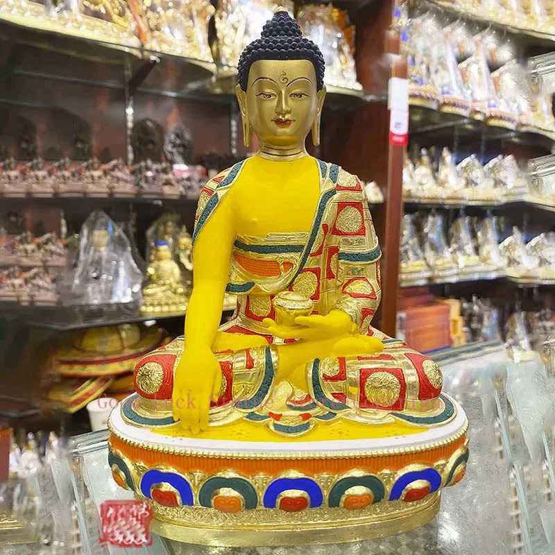 

Asia high grade colored draw Good Buddha statue bless family Safety Healthy luck Painted Sakyamuni Buddha God statue