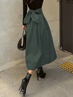 Stylish Solid A-line Skirts for Women Preppy School Style High Elastic Waist Long Skirt With Bow Woman Clothing Women's Skirts - Image 5