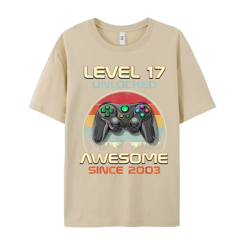 Premium Cotton Mens Short Sleeve Boys Level 17 Unlocked Funny Tshirts Normal Tees Graphic Graphic Crew Neck Tops T Shirt Boys Level 17 Unlocked Funny Video Gamer 17th Birthday Gift T-Shirt__19986 khaki