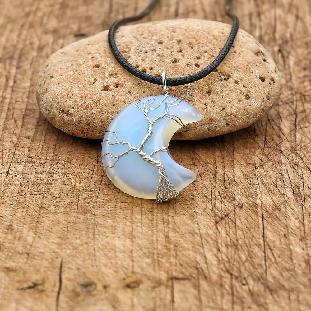 Tree Of Life Moon Shape Necklace Pendant Opal Reiki Healing Stone