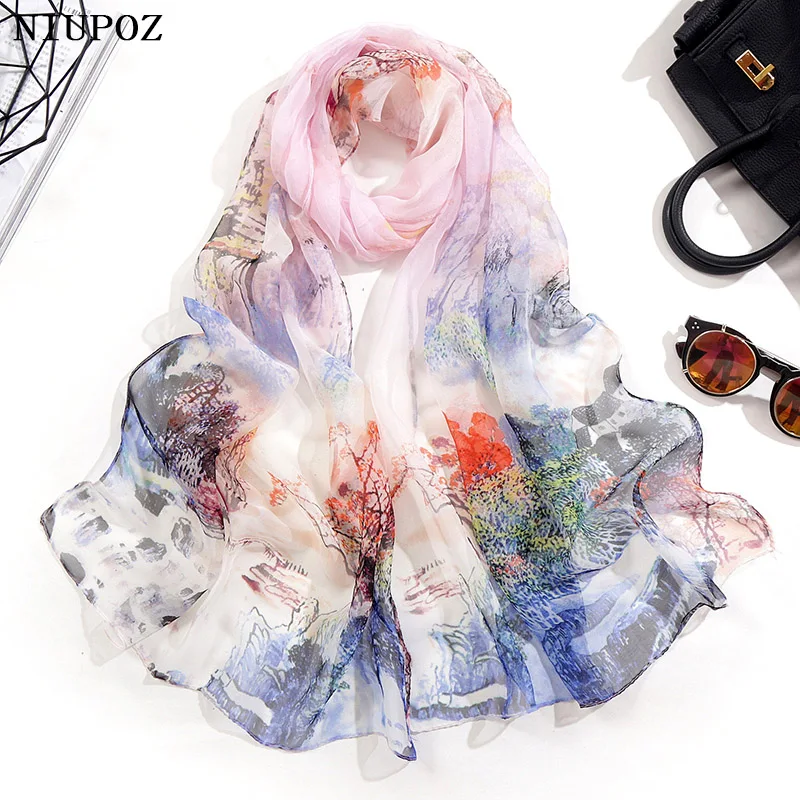 

Landscape Painting Print Summer Beach Sun Protection Chiffon Georgette Scarf Women Foulard Shawl Bandana Elegant