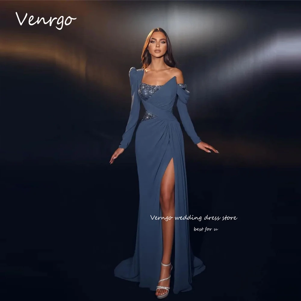 

Verngo Shiny Beads Sequin Mermaid Dusty Blue Prom Dresses Long Sleeves Off the Shoulder Chiffon Split Dubai Arabic Evening Gowns