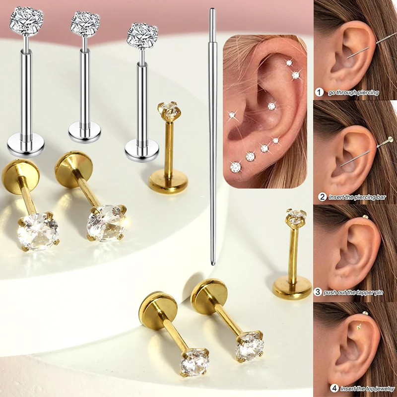 50pcs/lot 316 Stainless Steel Threadless Lip Stud Zircon Nose Stud for Women Men Labret Studs Earrings Piercing Jewelry 20G