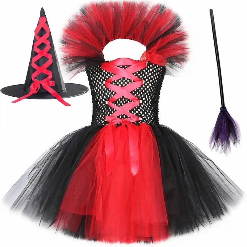 thumbnail image 1 of Disfraz de bruja malvada para Halloween para niños, fiesta de carnaval, disfraces de niñas, vestido de tutú de bruja malvada con sombrero y escoba mágica, 1 of 5