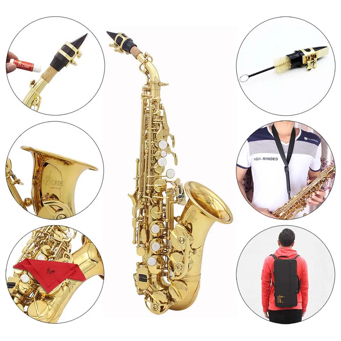 SLADE Gold Soprano Saxophone Student B Flat Gold Paint Beginner Saxophone Set with Cleaning Cloth Suitcase Mouthpiece Reeds Part