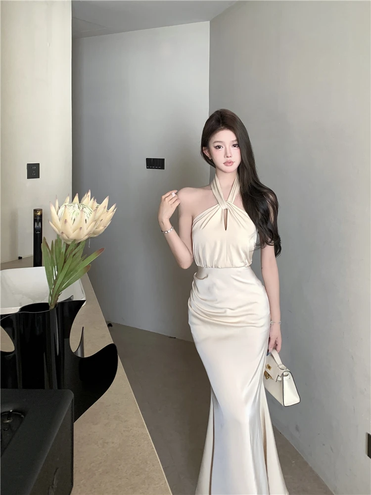 Sexy Bodycon Satin Evening Party Dress Sleeveless Halter Slim Mermaid Summer New Midi Dresses for Women Prom Vestidos Mujer