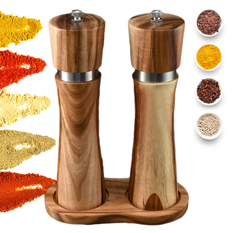 6/8/10 Inch Wooden Pepper Grinder Set With Wood Holder Manual Salt And