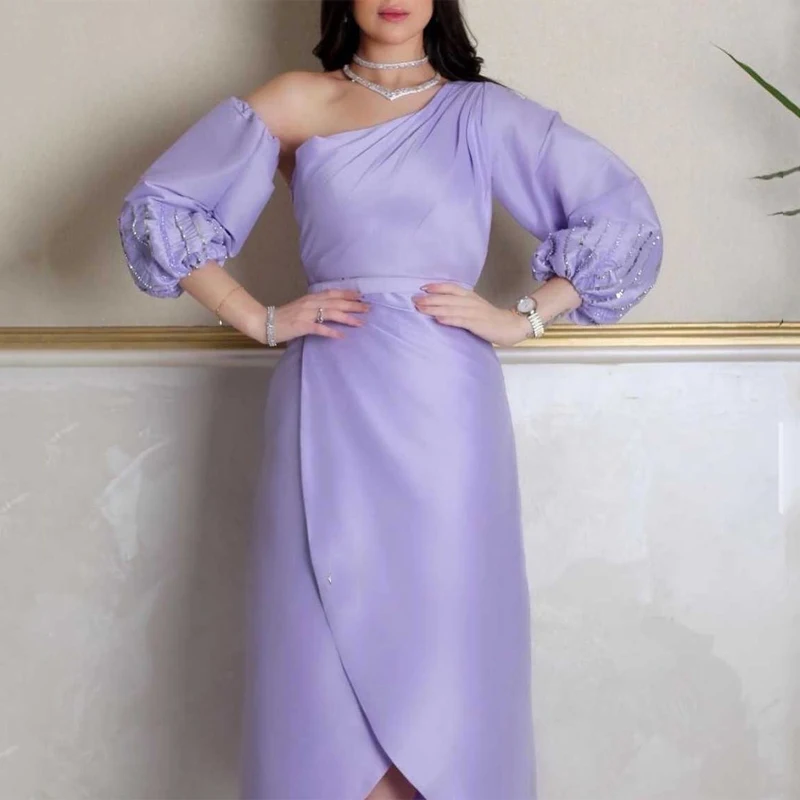 

Light Purple Sexy One Shoulder Prom Dress Crystal Long Sleeve Evening Dress Silk Satin Knee Length вечернее платье люкс
