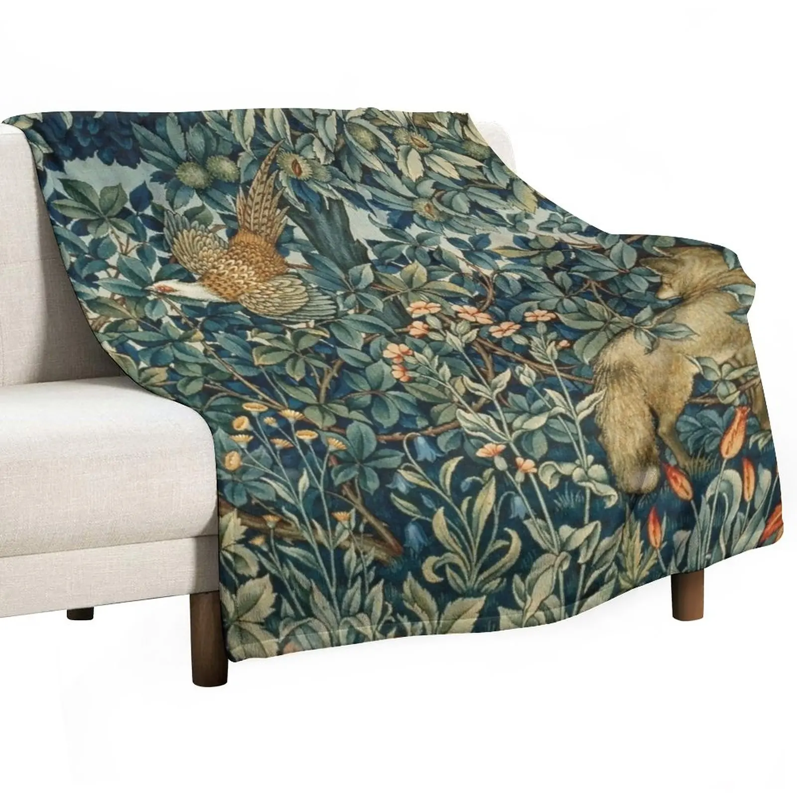 

GREENERY, FOREST ANIMALS Pheasant and Fox Blue Green Floral Tapestry Throw Blanket Blankets Sofas Of Decoration